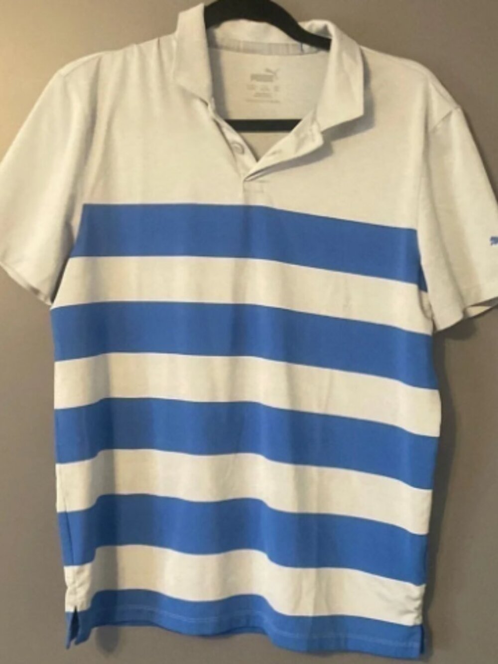 PUMA Polo Shirt Size Large Blue Stripe Performance Golfwear
